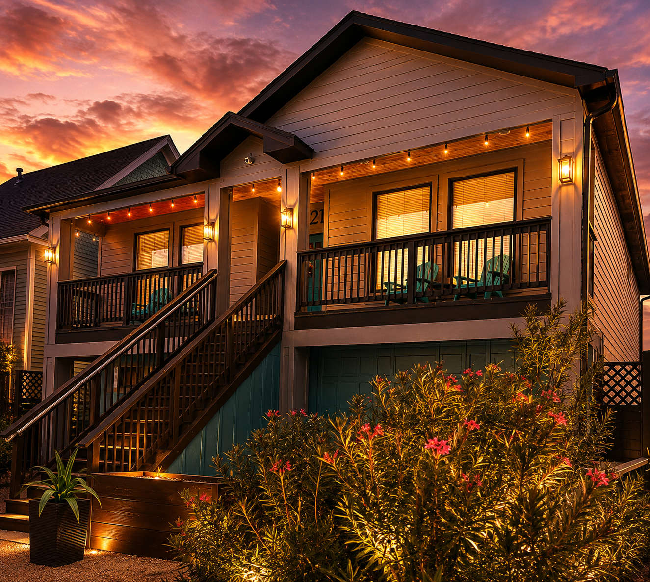 Propiedad principal con tres estudios Airbnb al atardecer