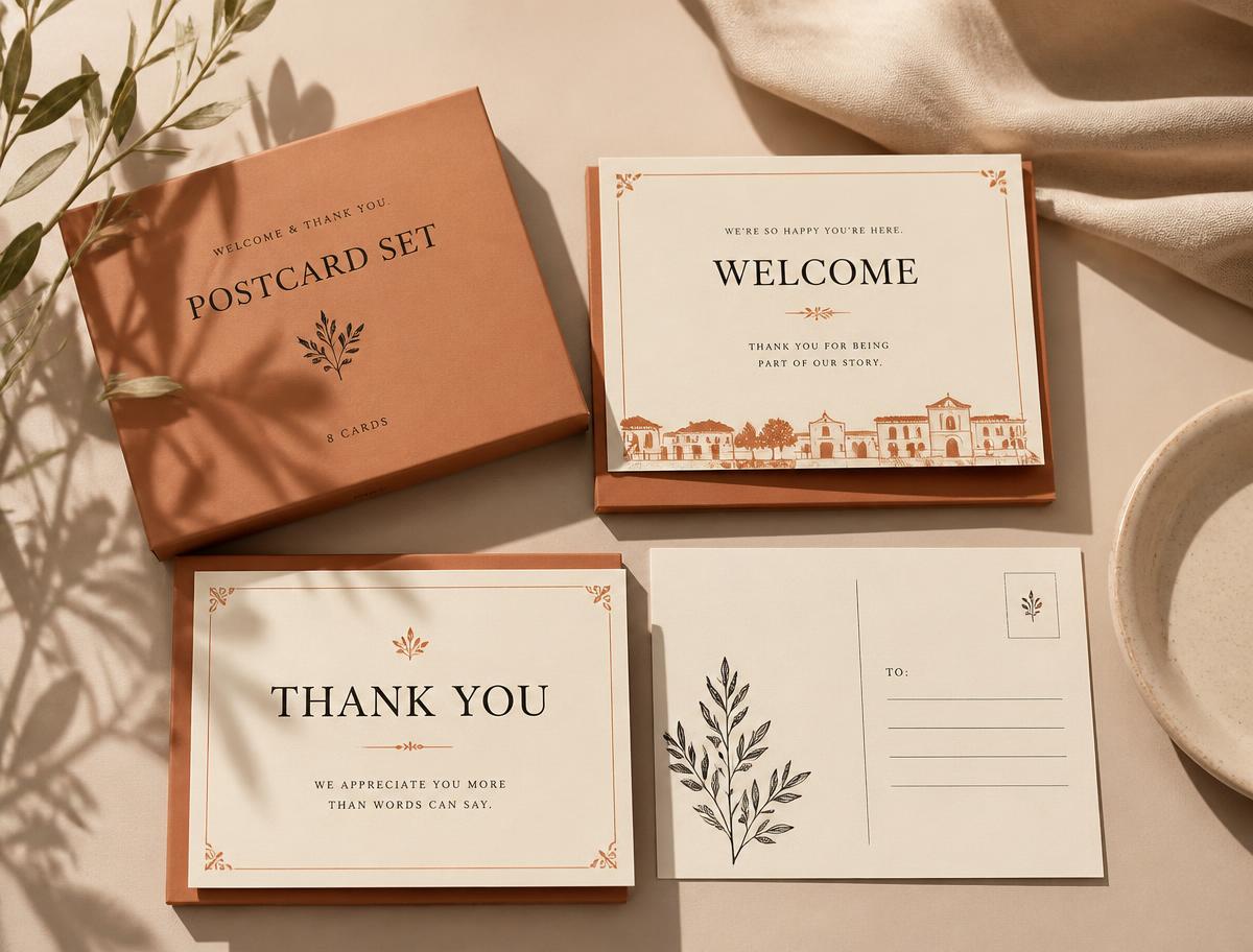 Set de tarjetas impresas de bienvenida y agradecimiento