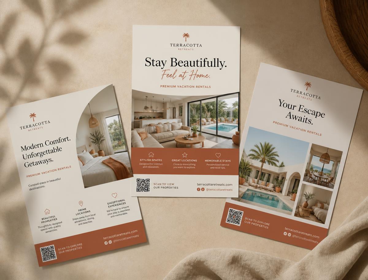 Flyers promocionales impresos con fotografías de propiedades