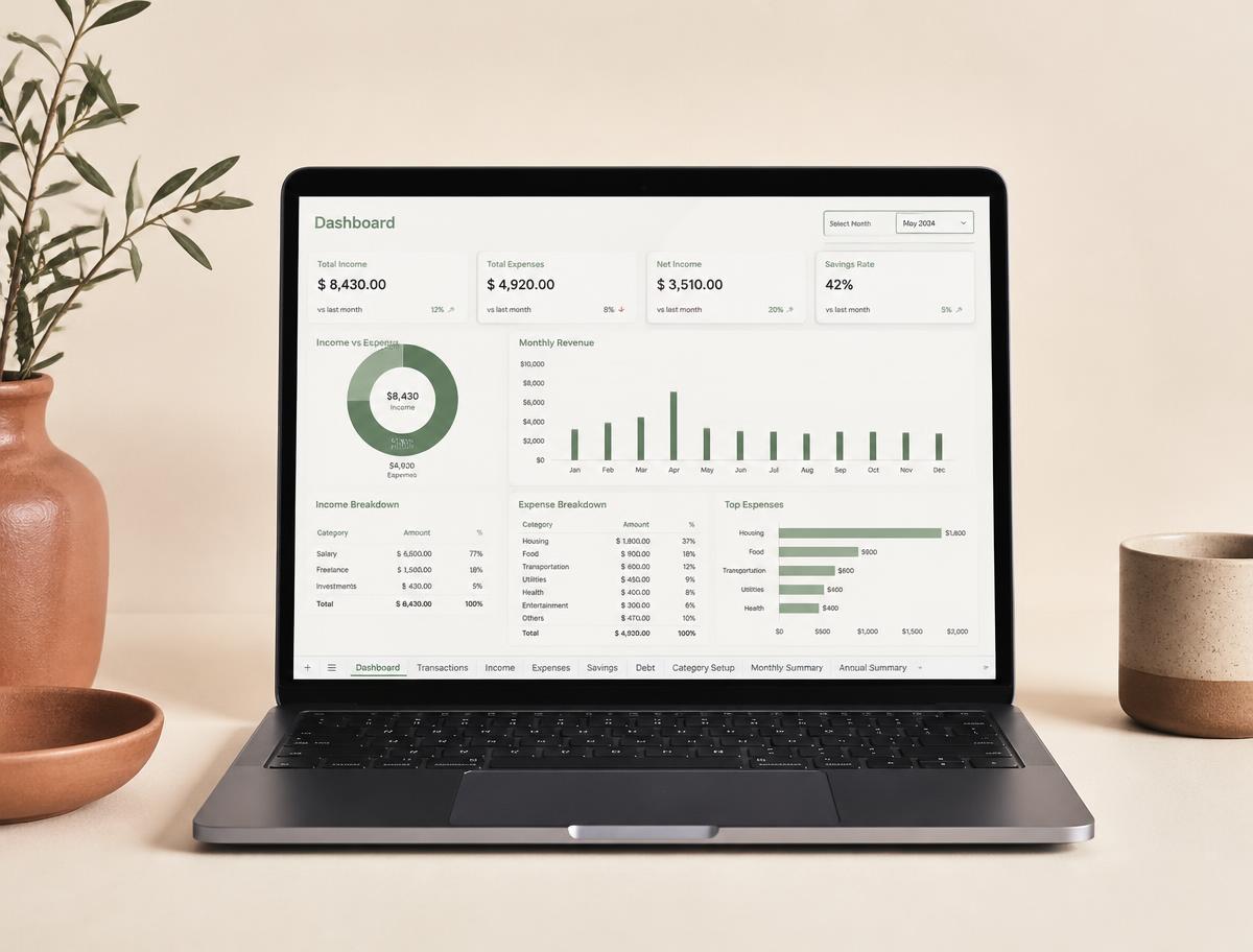 Laptop con hoja de cálculo de ingresos y gastos de una propiedad