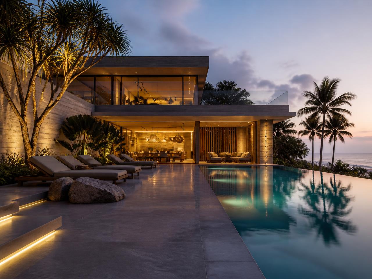 Fachada de villa moderna con piscina infinita al atardecer