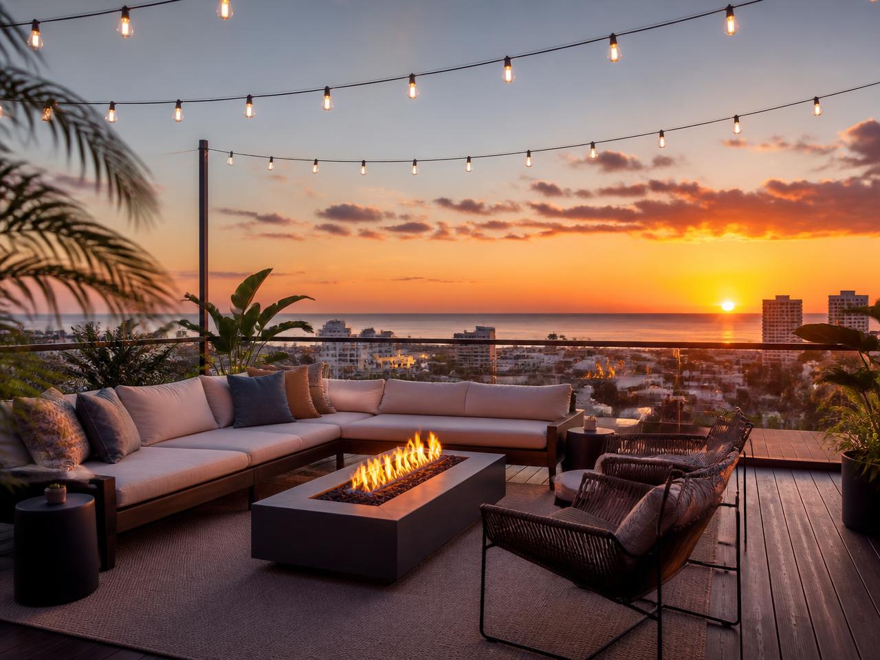 Terraza en azotea con fogata y vista al mar al atardecer