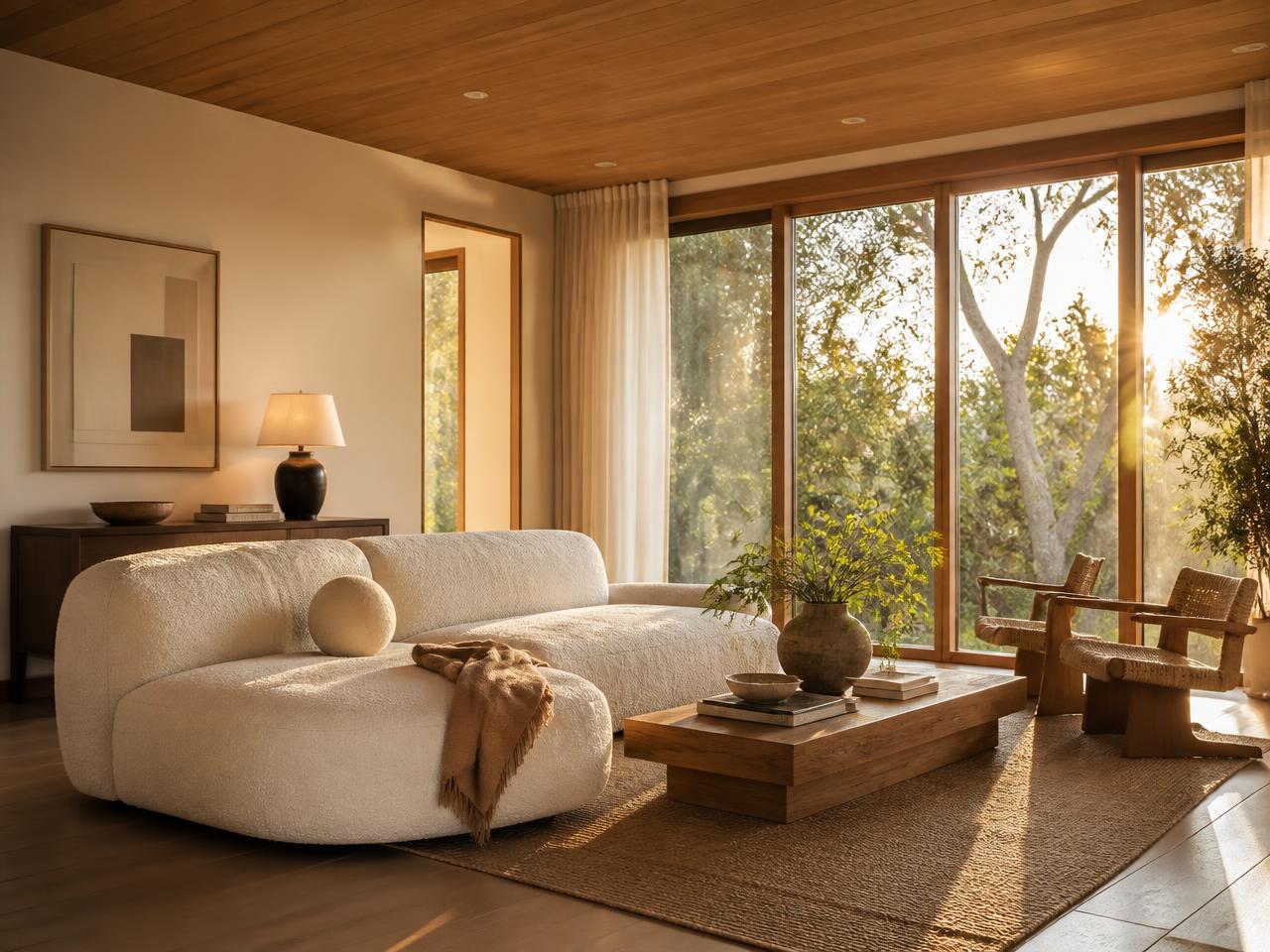Sala de estar minimalista con luz natural cálida