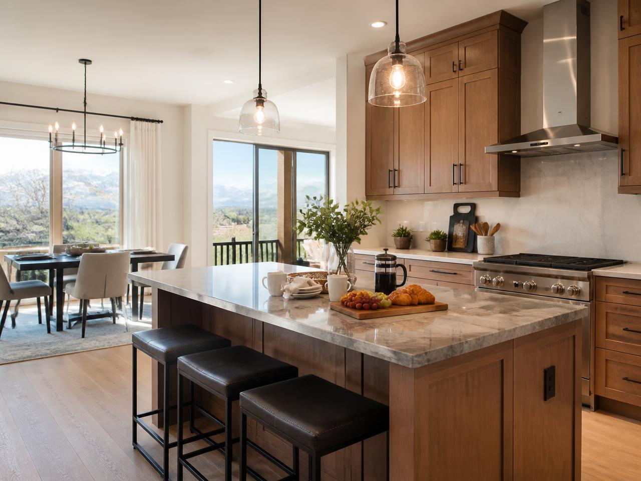 Cocina moderna con isla de piedra y comedor